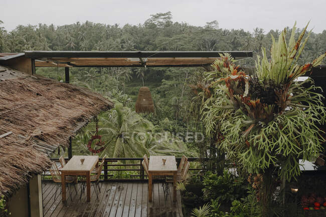 From above of terrace with wooden chairs and tables near bungalow with straw roof surrounded by tropical plants on gloomy day in Bali — Stock Photo