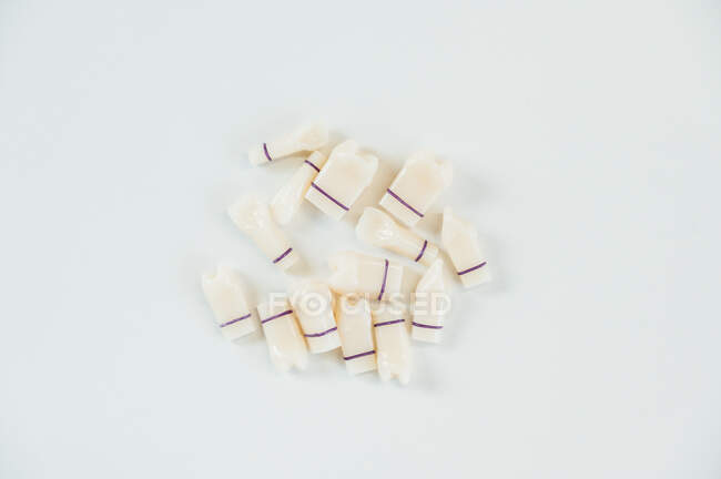 Vista superior de vários modelos de dentes de plástico — Fotografia de Stock