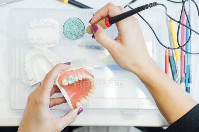 De dessus de l'étudiant en culture avec modèle dentaire artificiel et formation bur apprentissage dans les traitements dentaires pendant les cours en laboratoire — Photo de stock
