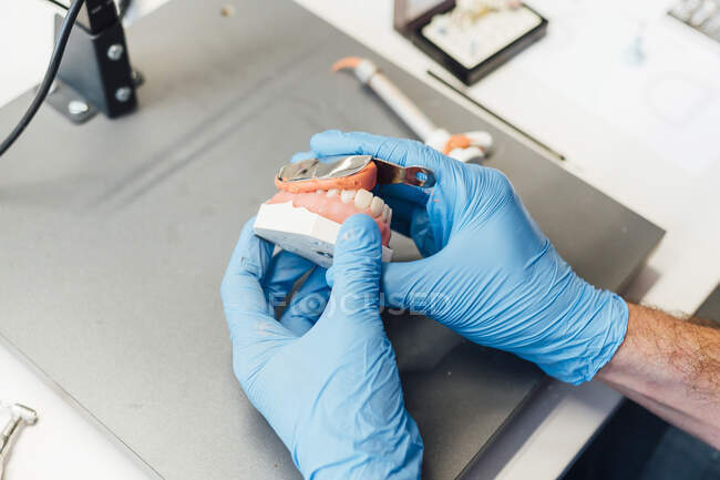 From above crop male student hands holding denture and paste while sitting at table during dentistry class — Stock Photo
