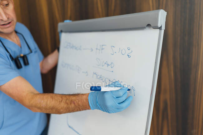 Вид збоку лікаря-чоловіка в синій формі і рукавички, що пишуть на фліп-чарті, пояснюючи теорію під час уроку в стоматологічному курсі — стокове фото