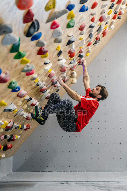 De baixo vista lateral do atleta masculino forte em sportswear escalando na parede colorida durante o treino no cara moderno — Fotografia de Stock