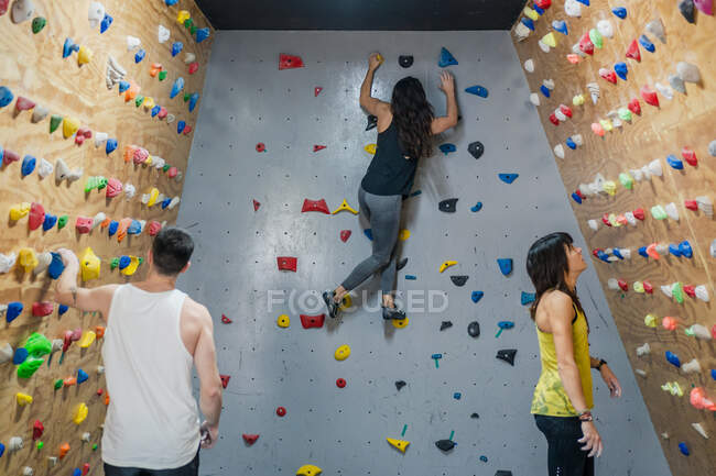 Vista lateral de escaladores profesionales masculinos y femeninos en ropa activa colgando de la pared y leyendo la escalada de abeto en el gimnasio moderno - foto de stock