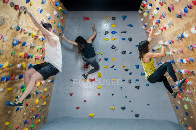 Vista lateral del grupo joven de fuertes escaladores masculinos y femeninos que tienen entrenamiento en la pared en el gimnasio moderno - foto de stock