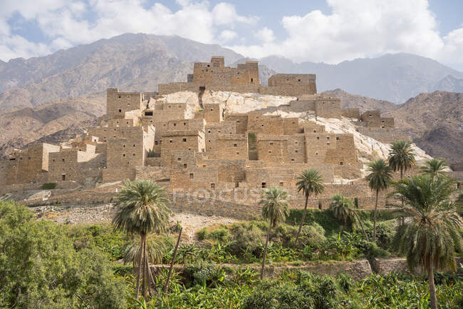 Amazing landscape of remote ancient Marble Village in Al Bahah locating against cloudy sky in summer cloudy day in Saudi Arabia — Stock Photo