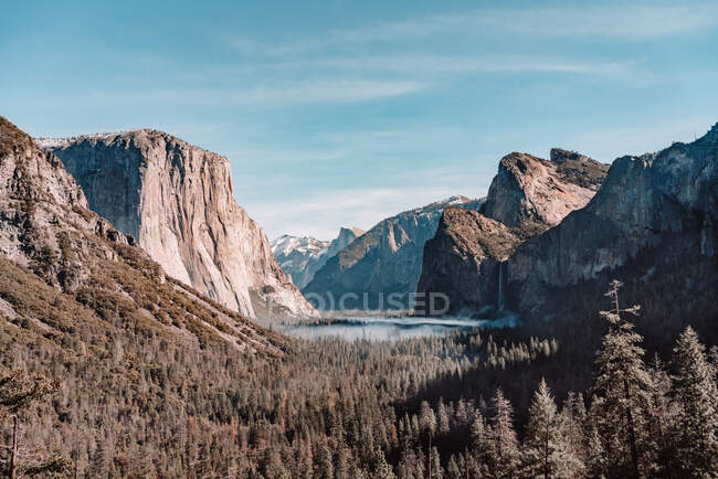 Rochers et brouillard sur la forêt, parc national de Yosemite en Californie — Photo de stock