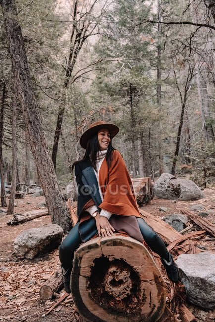 Stylish young female traveler in trendy clothes and hat sitting on wooden log and smiling while resting during walk in coniferous forest in Yosemite National Park in USA — Stock Photo