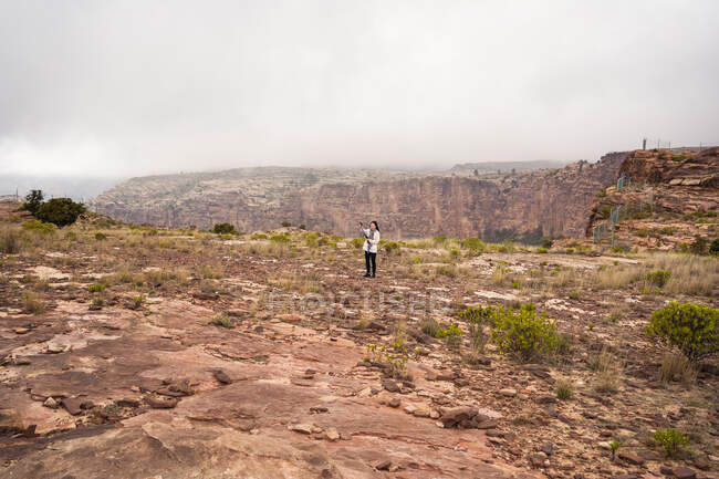 Дистанційна жінка стоїть на кам'янистому ґрунті на тлі похмурого неба, досліджуючи природу під час подорожі через високогір'я — стокове фото