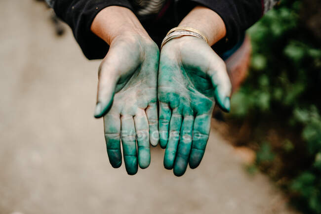 Верхній вид на жінку, що стоїть на вулиці міста і показує руки в зеленому порошку після індуського свята. — стокове фото