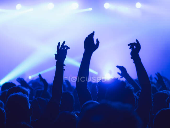 Retrovisore sagome di persone contro illuminato con luci palcoscenico durante la performance musicale — Foto stock