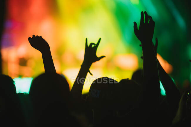 Back view silhouettes of people against illuminated with lights stage during music performance — Stock Photo