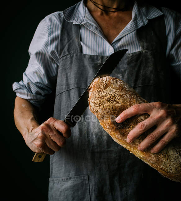 Cropped femme méconnaissable dans tablier tenant du pain ciabatta tout en se tenant debout sur fond sombre — Photo de stock