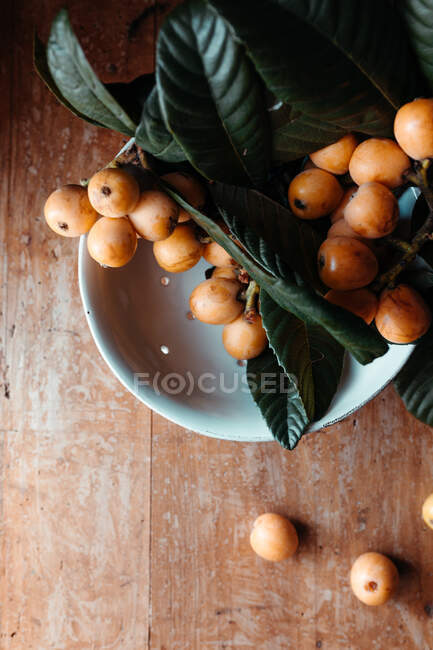 Bol en céramique blanche avec de savoureux fruits et feuilles de loquat — Photo de stock