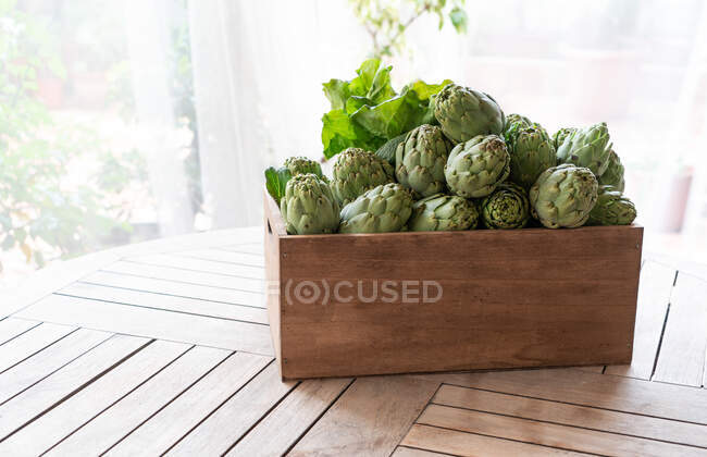 Delicious box of artichokes and lettuce seen from above — Stock Photo