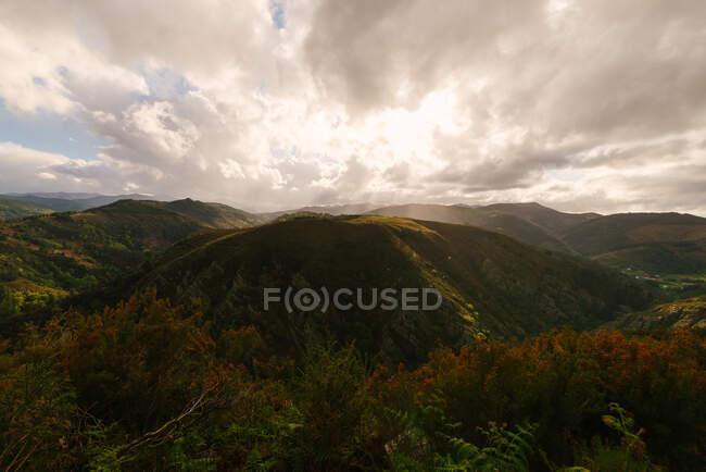 Majestic landscape of mountain ridge covered with lush forests on sunny day in Hoces del Esva — Stock Photo