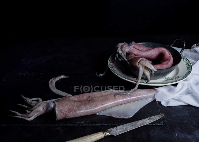 Uncooked meat of squids placed in metal bowl on table in kitchen on black background — Stock Photo