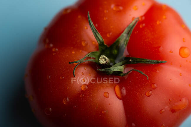 High angle closeup of ripe red tomato placed on dish in modern kitchen on black background — Stock Photo