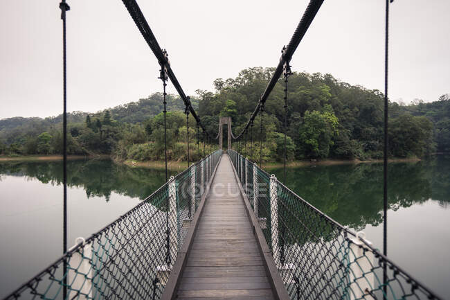 Подвесный мост с деревянным полом и металлической сеткой над большим озером и огромным зеленым лесом под белым небом во второй половине дня — стоковое фото