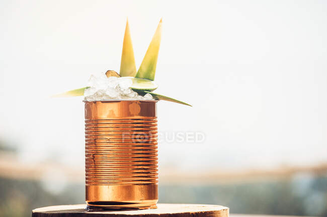Cold drink with lime and ice served in metal can garnished with fresh green leaves — Stock Photo