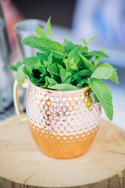 Mug with fresh green mint leaves on wooden stand — Stock Photo