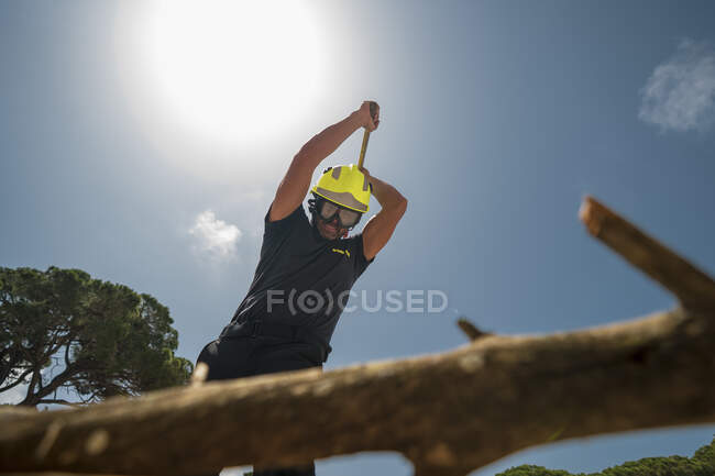 Von unten der Feuerwehrmann in Schutzuniform schneidet Ast mit Axt im Holz vor blauem Himmel — Stockfoto