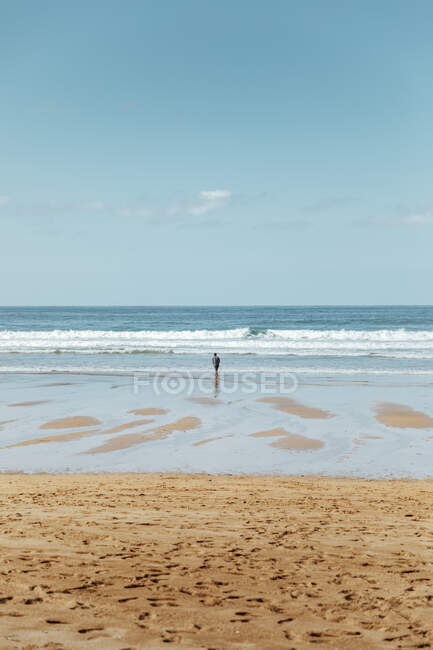 Обратный вид на анонимного путешественника, стоящего на живописном берегу моря возле песка с отпечатками ног под облачным небом в солнечный день — стоковое фото