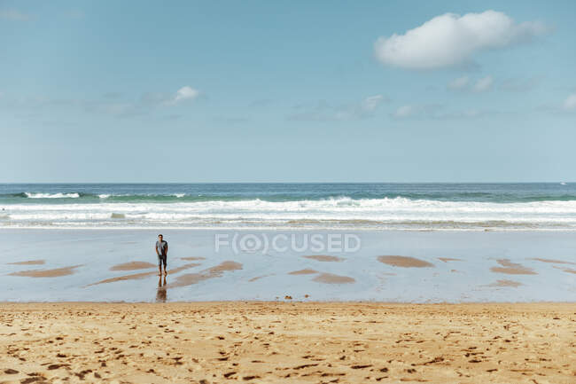 Viajero anónimo de pie en la pintoresca costa del mar cerca de la arena con huellas bajo el cielo nublado en el día soleado - foto de stock
