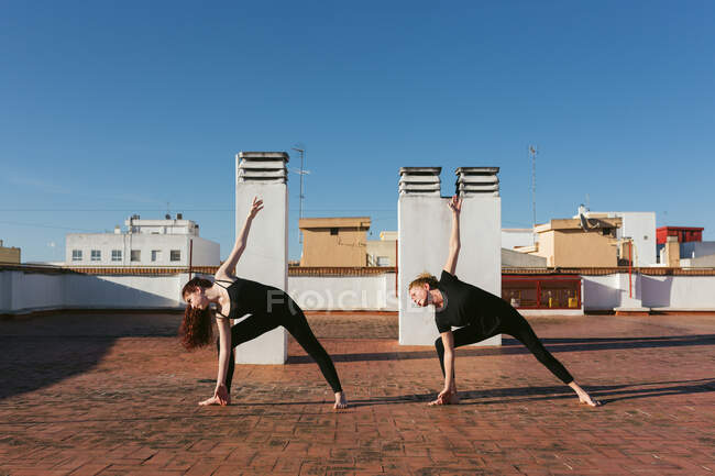 Vue latérale complète du corps des femmes minces en vêtements de sport noirs exécutant la posture triangulaire tournante tout en pratiquant le yoga ensemble sur le toit-terrasse en ville — Photo de stock