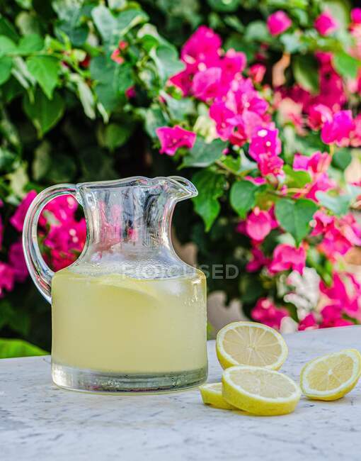 Стеклянная банка со свежим холодным лимонадом помещена на мраморный стол с ломтиками лимона в летнем саду с цветущими растениями на заднем плане — стоковое фото