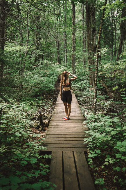 Mulher com mochila em pé no caminho da madeira e desfrutando do tempo na floresta verde do Parque Nacional La Mauricie em Quebec, Canadá — Fotografia de Stock