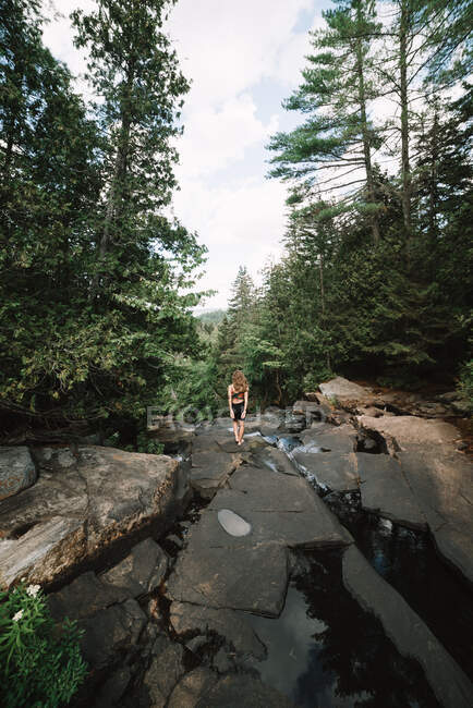 Vue arrière d'une exploratrice anonyme debout sur des rochers près d'une rue rapide dans la forêt verdoyante du parc national de la Mauricie au Québec, Canada — Photo de stock