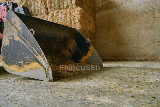 Вид збоку великого важкого відра трактора, розміщеного на брудній підлозі поблизу стовбурів сіна в легкому просторому сараї — стокове фото
