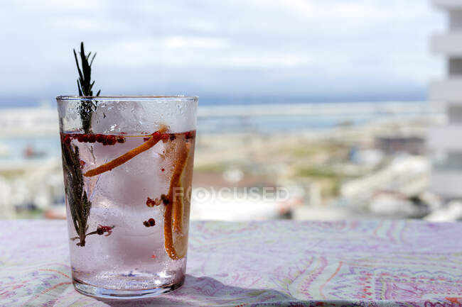 Gim coquetel tônico com água tônica rosa, pimenta rosa, alecrim, hortelã, canela, limão e laranja à luz do sol em uma mesa de restaurante — Fotografia de Stock
