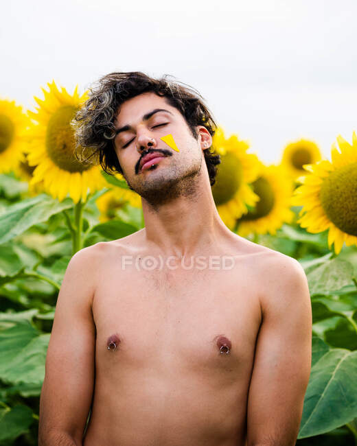 Tranquilo macho com tronco nu e pétala amarela no rosto em pé no campo de girassol brilhante olhos fechados — Fotografia de Stock