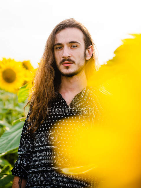Heiterer, emotionsloser Hipster-Rüde mit langen Haaren steht in gelbem Sonnenblumenfeld und blickt in die Kamera — Stockfoto