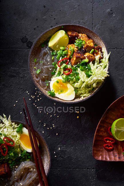 Spicy vegetarian ramen with fried tofu, chinese cabbage and sweet potato noodles — Stock Photo