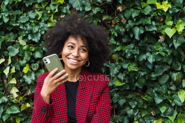Content African American female sitting on bench in city and talking on smartphone while looking away — Stock Photo