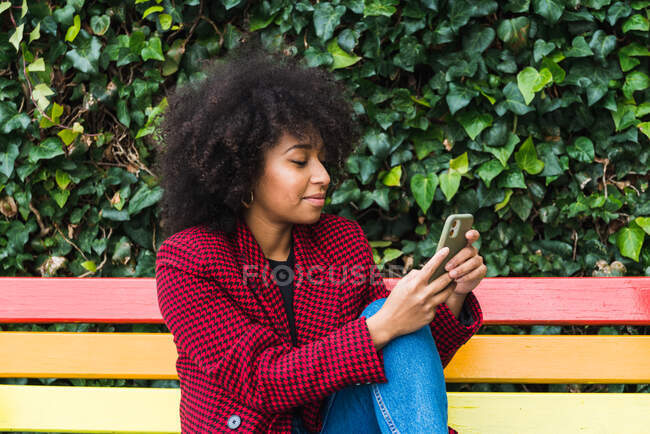 Content African American female sitting on bench in city and chatting in a fun way — Stock Photo