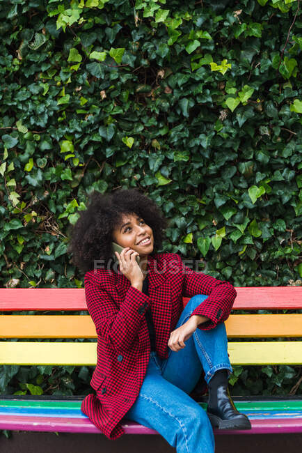 Content African American female sitting on bench in city and talking on smartphone while looking away — Stock Photo