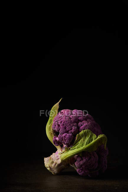 Gustosi broccoli viola disposti su tavolo di legno su sfondo nero in studio scuro — Foto stock