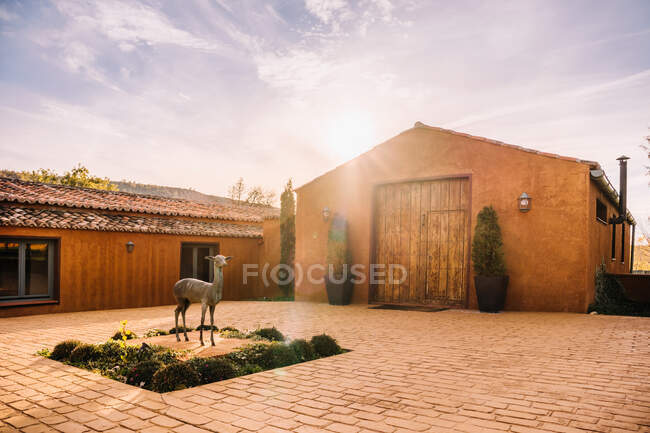 Espaçoso jardim pavimentado com plantas e escultura de metal de animal na frente da casa de campo laranja no dia ensolarado — Fotografia de Stock