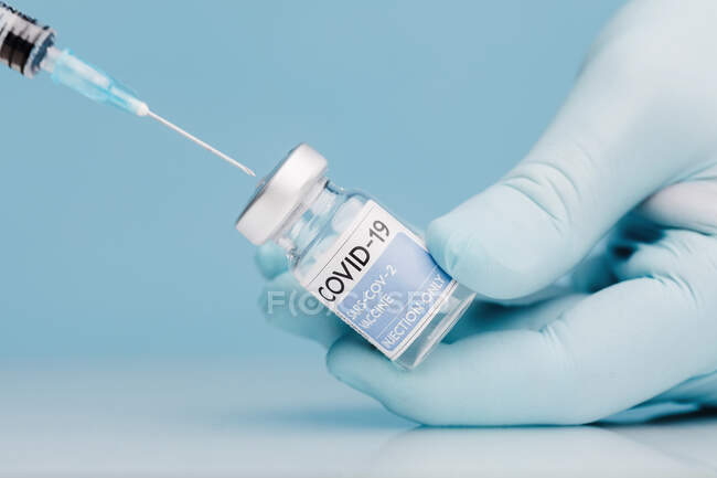 Закриття невпізнаваного лікаря в рукавицях, заповнених вакциною від коронавірусу у скляному флаконі на синьому тлі. — стокове фото