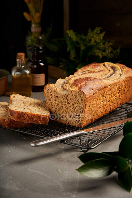 Closeup of a banana bread on a tray — Stock Photo