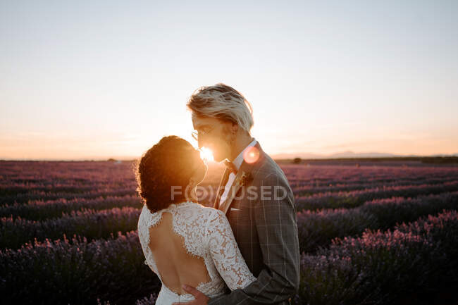 Seitenansicht des romantischen Brautpaares, das Gesicht zu Gesicht auf einem weitläufigen Feld vor violettem Sonnenuntergang steht — Stockfoto