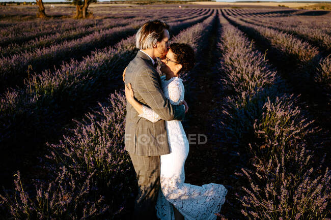 Vista lateral de ángulo alto de pareja romántica recién casada de pie cara a cara besándose en un campo espacioso contra el cielo púrpura atardecer - foto de stock