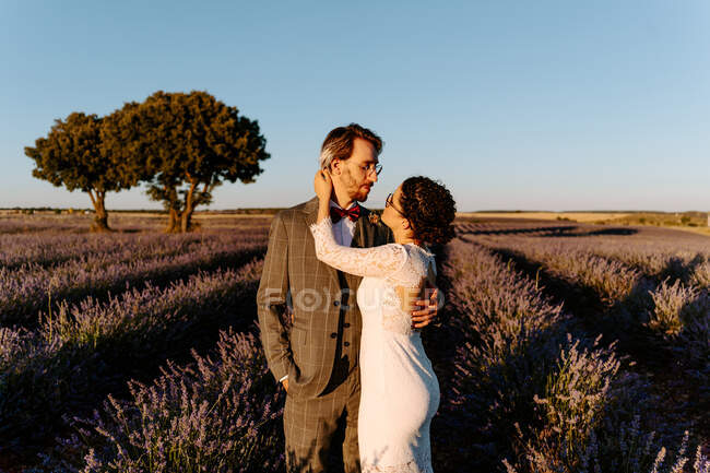 Vista lateral de ángulo alto de pareja romántica recién casada de pie cara a cara en un campo espacioso contra el cielo púrpura atardecer - foto de stock