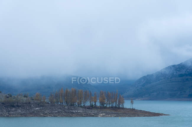 Landscape of mountain lake, rocky ledge, and oak trees in a foggy day in winter. — Stock Photo