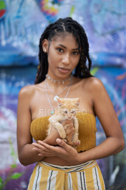 Retrato exterior de atractiva joven latina con lindo gatito en sus manos - foto de stock