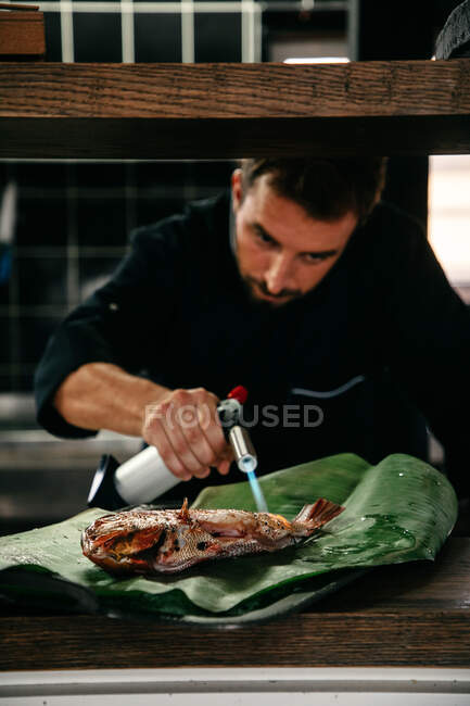Concentrated male chef cooking fried fish with gas torch while working in seafood restaurant — Stock Photo