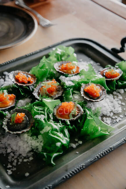 De cima delicatessen ostras requintadas em conchas com algas marinhas de sal e caviar — Fotografia de Stock